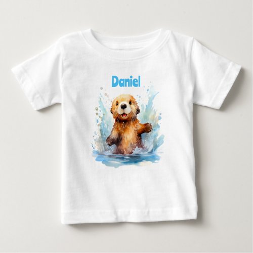 Cute Baby Sea Otter in Water Splashes Personalized Baby T_Shirt