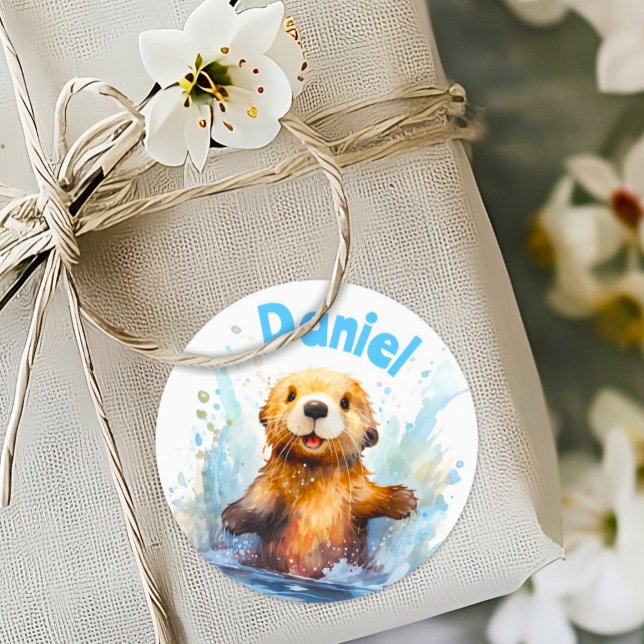 Cute Baby Sea Otter in Water Splashes Personalized Classic Round Sticker (Creator Uploaded)