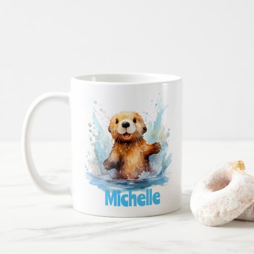 Cute Baby Sea Otter in Water Splashes Personalized Coffee Mug