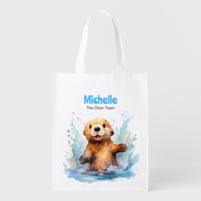Cute Baby Sea Otter in Water Splashes Personalized Grocery Bag (Front)