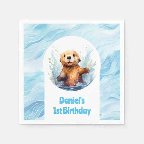 Cute Baby Sea Otter in Water Splashes Personalized Napkins