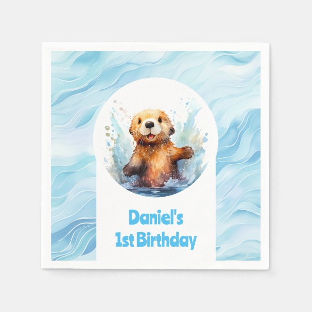 Cute Baby Sea Otter in Water Splashes Personalized Napkins (Front)
