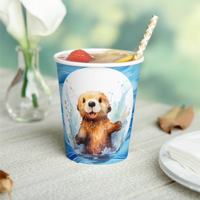 Cute Baby Sea Otter in Water Splashes Personalized Paper Cups (Insitu)