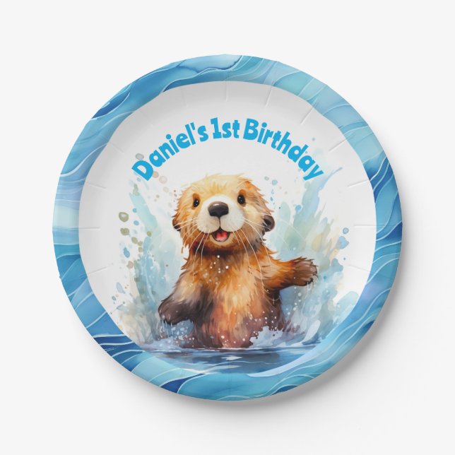 Cute Baby Sea Otter in Water Splashes Personalized Paper Plates (Front)