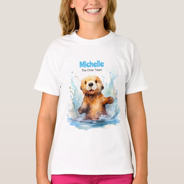 Cute Baby Sea Otter in Water Splashes Personalized T-Shirt (Front)