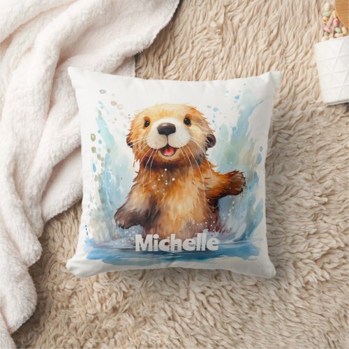 Cute Baby Sea Otter in Water Splashes Personalized Throw Pillow