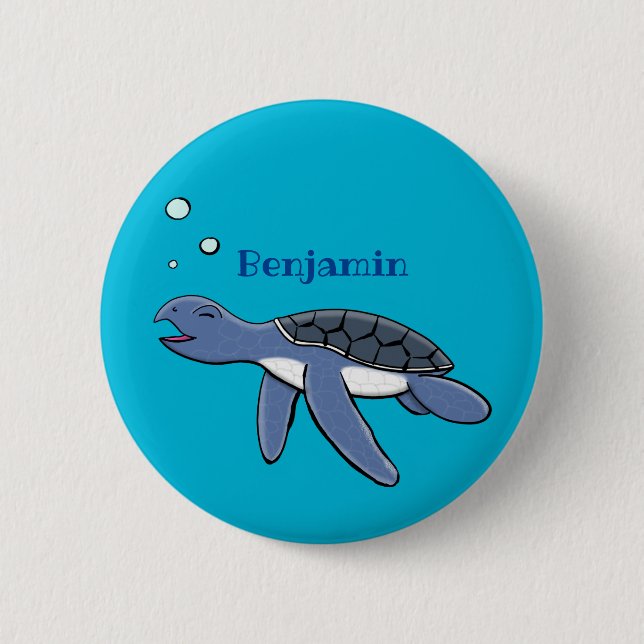 Cute baby sea turtle cartoon illustration button (Front)