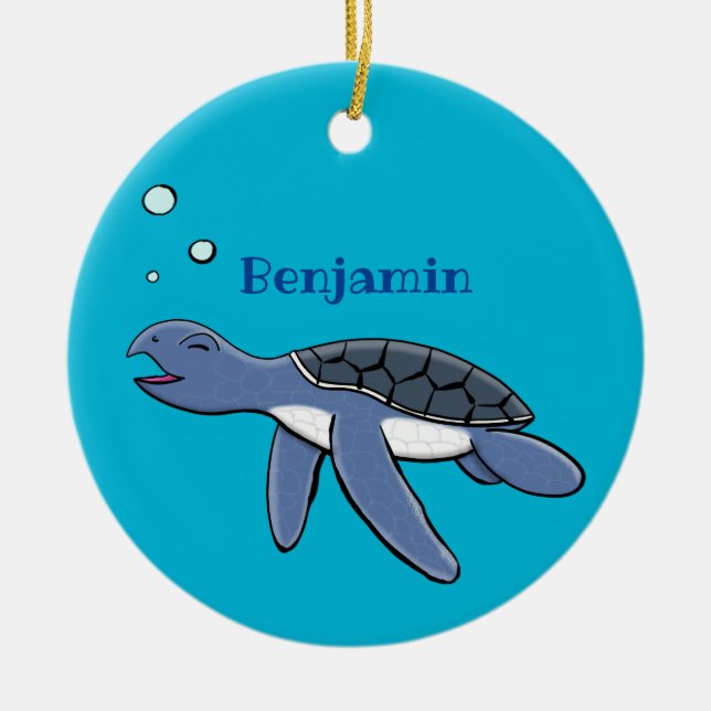 Cute baby sea turtle cartoon illustration ceramic ornament (Front)