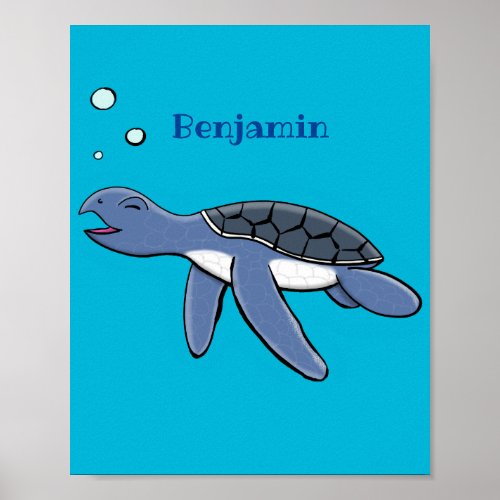 Cute baby sea turtle cartoon illustration poster