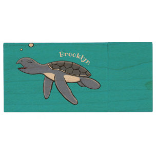 Cute baby sea turtle cartoon illustration wood flash drive