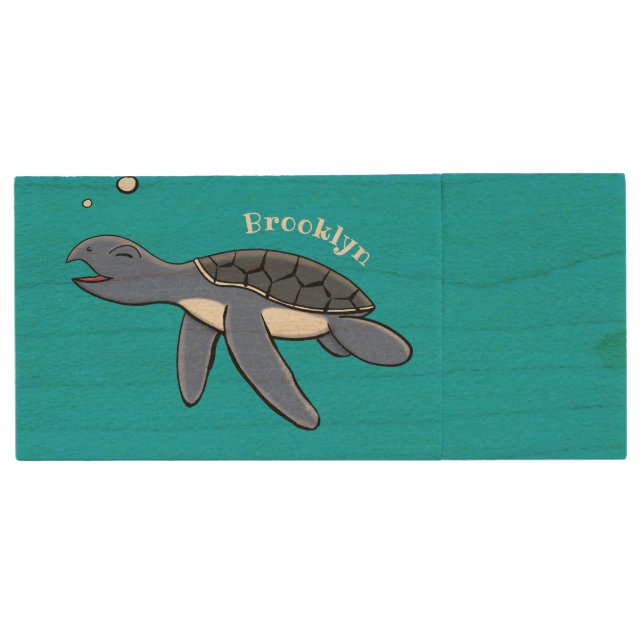 Cute baby sea turtle cartoon illustration wood flash drive (Front)