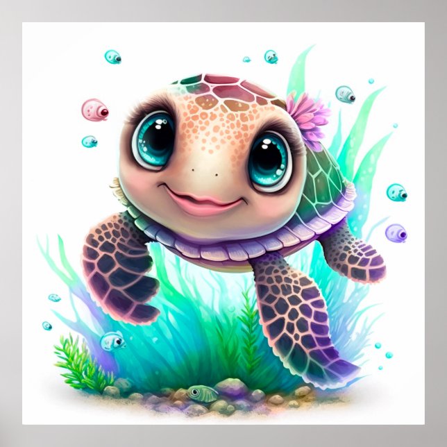 Cute Baby Sea Turtle Illustration – Adorable Ocean Poster (Front)