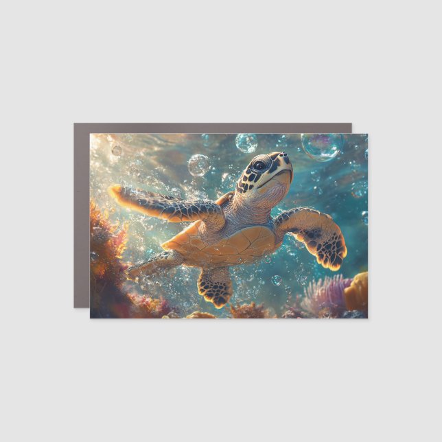 Cute Baby Sea Turtle with Bubbles Car Magnet (Front)