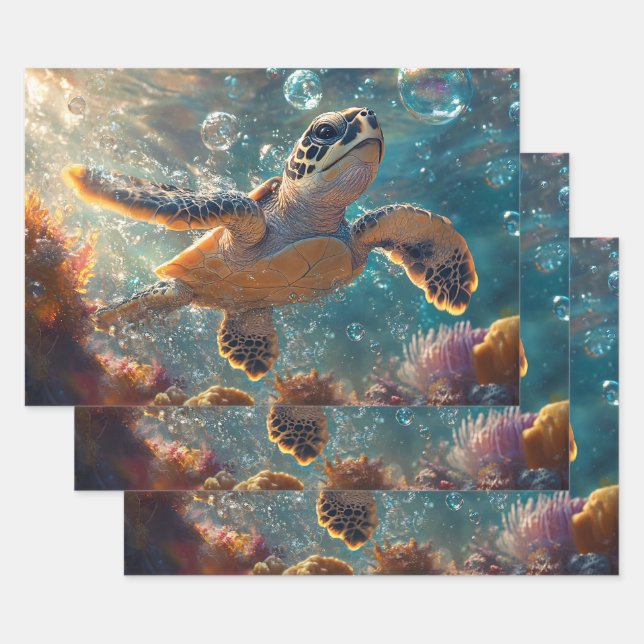 Cute Baby Sea Turtle with Bubbles Decoupage Wrapping Paper Sheets (Set)