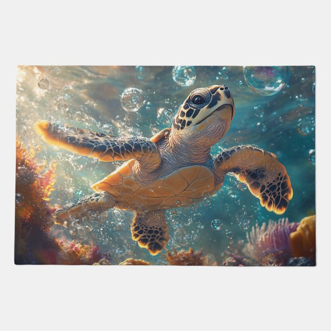 Cute Baby Sea Turtle with Bubbles Doormat (Front)