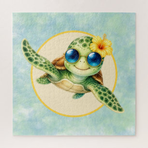 Cute Baby Sea Turtles with Tropical Flowers Jigsaw Puzzle