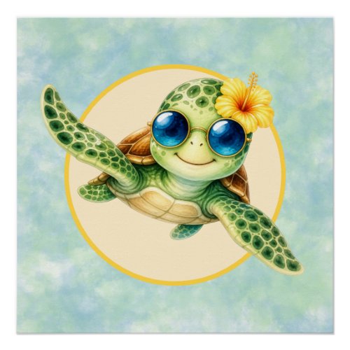 Cute Baby Sea Turtles with Tropical Flowers Poster