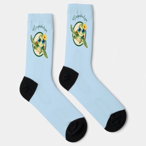 Cute Baby Sea Turtles with Tropical Flowers Socks