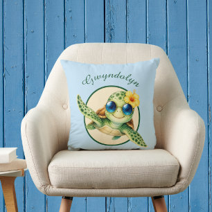 Cute Baby Sea Turtles with Tropical Flowers Throw Pillow