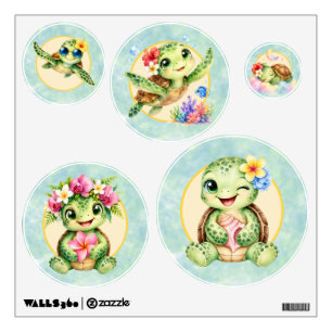 Cute Baby Sea Turtles with Tropical Flowers Wall Decal