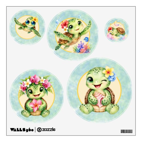 Cute Baby Sea Turtles with Tropical Flowers Wall Decal