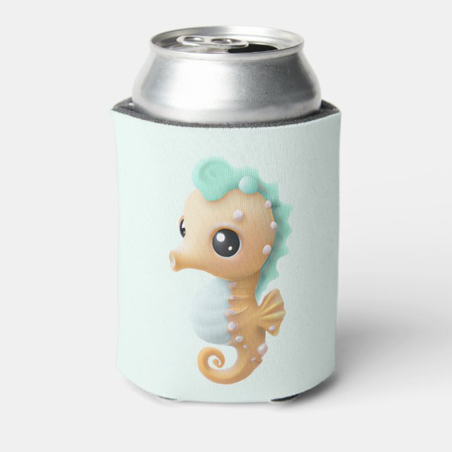 Cute baby seahorse in Teal and White    Can Cooler (Can Back)