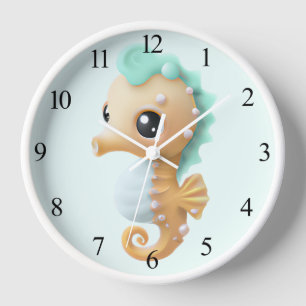 Cute baby seahorse in Teal and White Clock