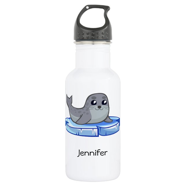 Cute baby seal cartoon name kids water bottle (Front)