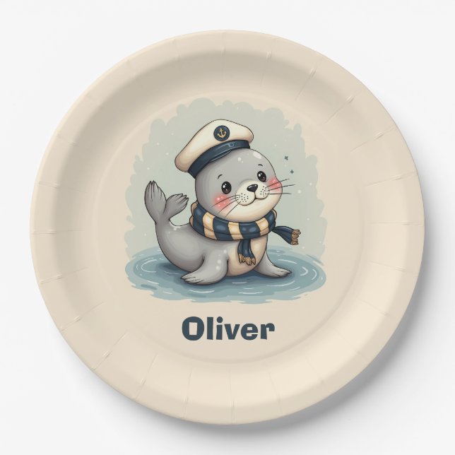 Cute Baby Seal with Sailor Hat and Scarf Paper Plates (Front)
