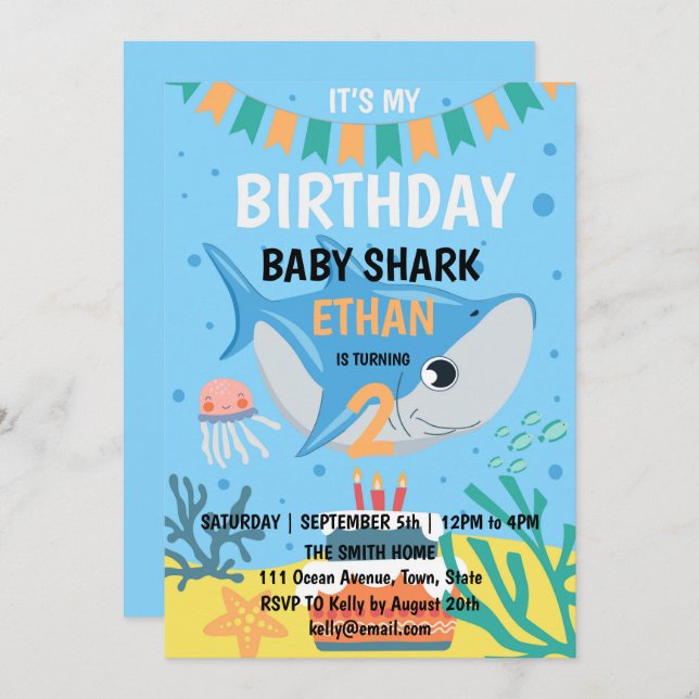 Cute Baby Shark Birthday Party Invitation (Front/Back)