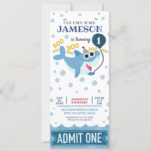 cute baby shark birthday ticket admit one invitation