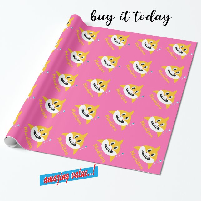 Cute Baby Shark Pink Yellow GReat Value Gift Wrapping Paper