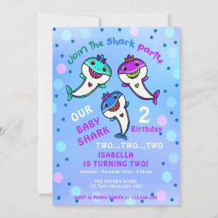 Cute Baby Shark Two Two Two 2nd Birthday Party Invitation