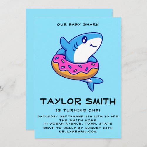 Cute Baby Shark With Doughnut Birthday Party Invit Invitation
