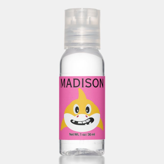 Cute Baby Shark Yellow and Pink Monogram Hand Sanitizer (Front)