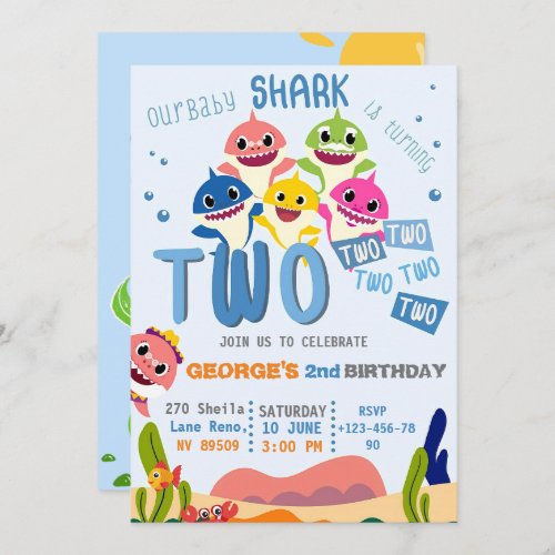 cute baby sharks kids second birthday party  invitation