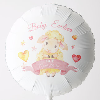 Cute Baby Sheep / Lamb Pink Baby Name Due Date Balloon