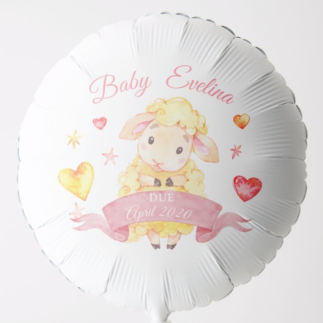 Cute Baby Sheep / Lamb Pink Baby Name Due Date Balloon (Front)