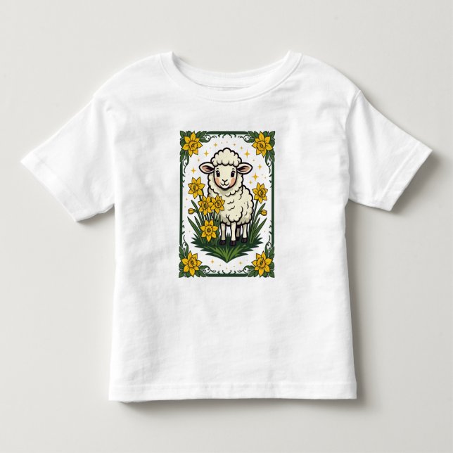 Cute Baby Sheep Surrounded By Yellow Daffodils Toddler T-shirt (Front)