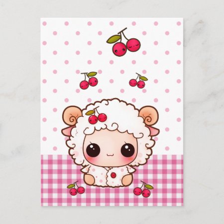 Cute Baby Sheep With Kawaii Cherries Postcard