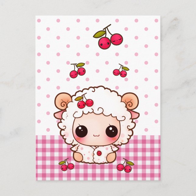 Cute baby sheep with kawaii cherries postcard (Front)