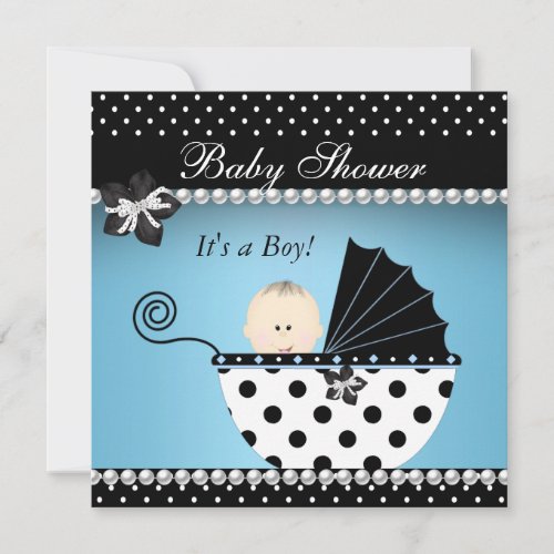 Cute Baby Shower Baby Boy Blue Black Pram Announcement