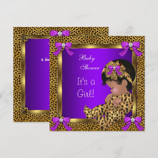 Cute Baby Shower Baby Girl Leopard Purple Gold 2 Invitation (Front/Back)