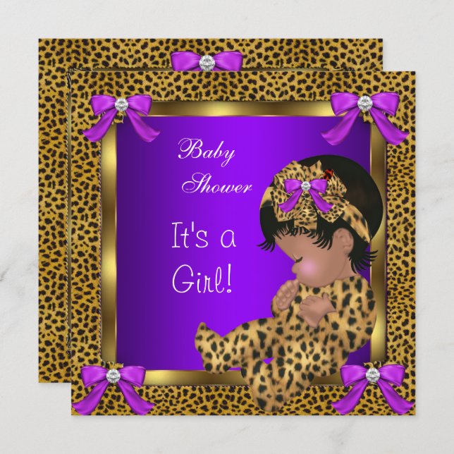 Cute Baby Shower Baby Girl Leopard Purple Gold 2 Invitation (Front/Back)