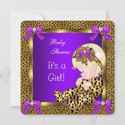 Cute Baby Shower Baby Girl Leopard Purple Gold 3 Invitation