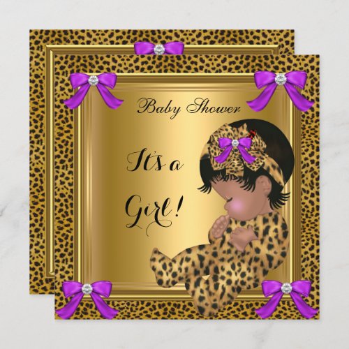 Cute Baby Shower Baby Girl Leopard Purple Gold 4 Invitation