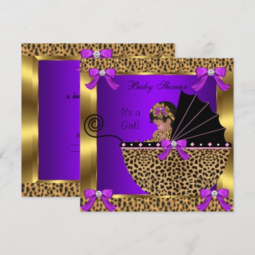 Cute Baby Shower Baby Girl Leopard Purple Gold Custom Announcements