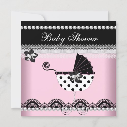 Cute Baby Shower Baby Girl Pink Black Pearl Personalized Invites
