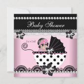 Cute Baby Shower Baby Girl Pink Black Pearl Invitation (Front)