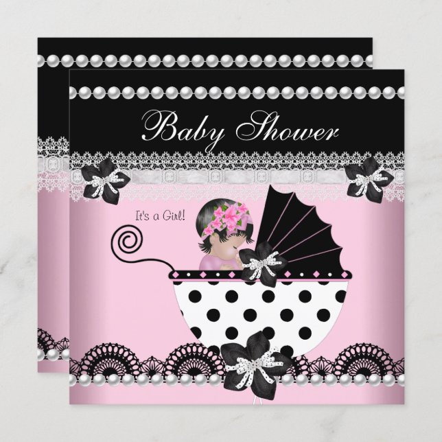 Cute Baby Shower Baby Girl Pink Black Pearl Invitation (Front/Back)